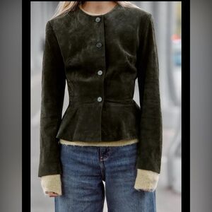 NWT Zara 100% Leather Suede Khaki Green Hem Flared Peplum Jacket Blazer Small